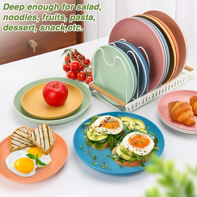 10 Inch Wheat Straw Dinner Plates Set of 8, Unbreakable Plastic Reusable Plates for Kitchen, Camping, Lightweight Deep Dinnerware Plate Set, Dishwasher and Microwave Safe Plates, Non-Toxic, BPA Free