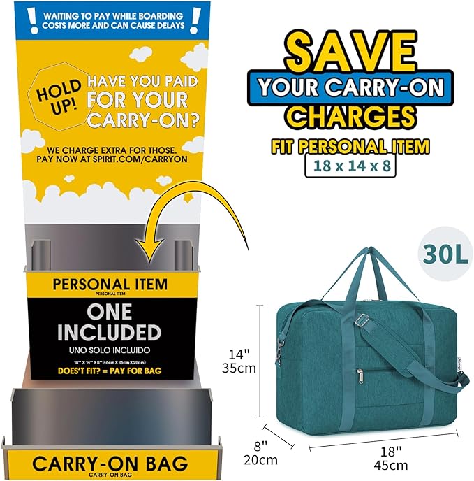 For Spirit Airlines Personal Item Bag 18x14x8 Foldable Travel Duffel Bag Underseat Carry on Luggage Weekender for Women 30L (Teal)