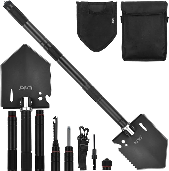 iunio Camping Shovel,Shovel Folding, Portable, Multitool, Foldable Entrenching Tool, Collapsible Spade, for Backpacking, Trenching, Hiking, Survival, Car Emergency