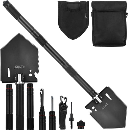iunio Camping Shovel,Shovel Folding, Portable, Multitool, Foldable Entrenching Tool, Collapsible Spade, for Backpacking, Trenching, Hiking, Survival, Car Emergency