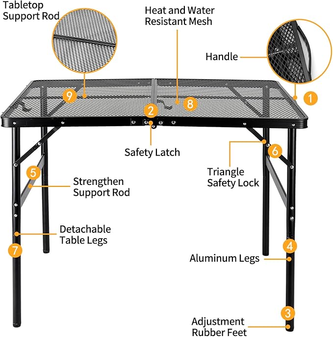 Camping Table 3FT Grill Table Foldable Folding Picnic Portable Stand Mesh 2 Height Adjustable Outdoor Card BBQ RV Black 35.5×23.6 ×26 inch