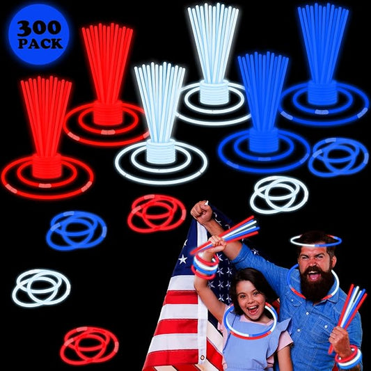 Bulk Patriotic Red White Blue Glow Sticks 300 PCS,Light Up Bracelets Necklaces Accessories for Kids,Glow Party Favors Supplies Decorations for Independence Day, America July Parade, Birthday, Pool