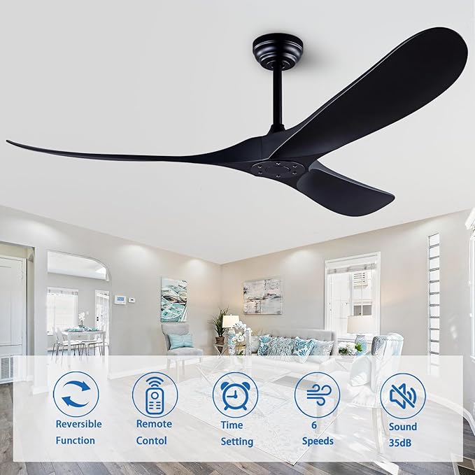 60" Solid Wood Lampless Ceiling Fan, Indoor/Outdoor, Modern, Black, 3 Wood Blades, DC Inverter Motor, Remote Control, 6 Speeds, 145 RPM, 30DB, for Living Room, Bedroom, Office, Farmhouse