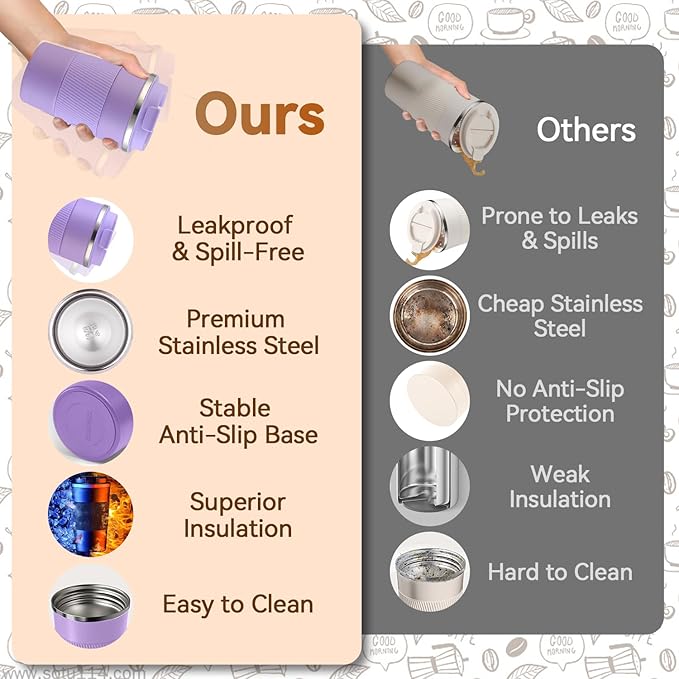 17OZ Travel Coffee Mug Insulated Coffee Cup with Spill Leak Proof Lid, Portable Stainless Steel Tumbler Reusable Hot and Cold Water Mug for Car, Daily, Camping- Purple