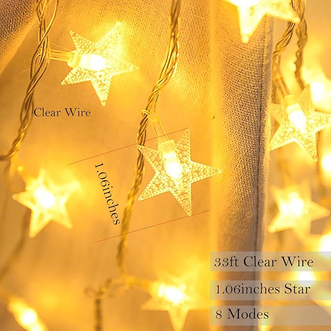 Fairy Star String Lights Plug in, 33ft 100 LED Cute Stars Shaped Lamp 8 Modes for Bedroom Classroom Dorm Porch Wedding Birthday Party Christmas Tree Indoor Outdoor Hanging Decorations (Warm White)