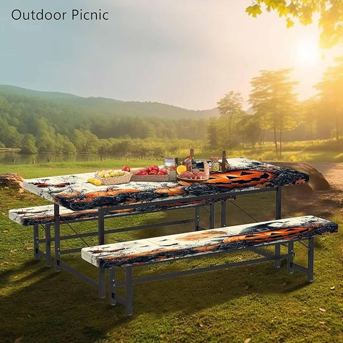 CAPSCEOLL Fitted Picnic Table Cover with Bench Covers with Elastic 6Ft Waterproof Camping Picnic Table Cover Cloths for Outdoors Camping Tablecloth with Drawstring Bag, 72X30in, Halloween Pumpkins