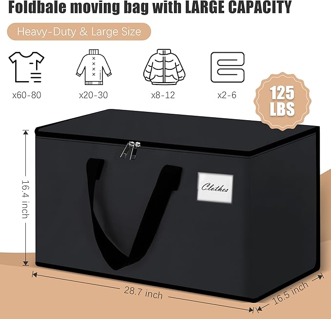 Heavy Duty Moving Bags - Extra Large Packing Bags and Storage Totes, Collapsible and Foldable Option for Moving and Storage, Black, 125 L - 6 Pack