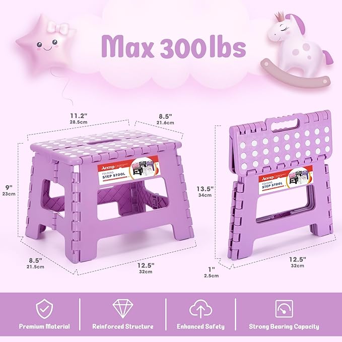 ACSTEP 9 Inch Folding Step Stool 300 LB Capacity Plastic Foldable Step Stools for Kids and Adults, Folding Stool Suitable for Kitchen, Stepping Stool with Handle Light Purple Small Step Stool 1PC