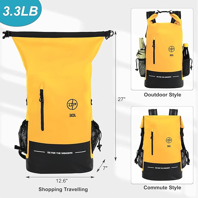UPWELL 30L Waterproof Dry Bag Boating Backpack for Travel Hiking Camping Kayaking Hiking Swimming Floating Submersible Dry Bag yellow