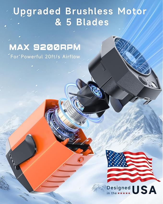 2025 Smart Portable Rechargeable Fan with LED Light & 25H Runtime, 4-Speed 9200RPM Turbo Cooling Personal Waist Fan, Wearable Neck & Belt Clip for Camping, Outdoor, Hiking - Orange