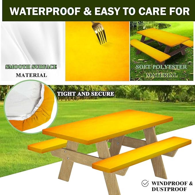 CAPSCEOLL Elastic Picnic Table Cover with Bench Covers 5Ft Waterproof Fitted Picnic Table Cover Cloths for Outdoors Camping Tablecloth with Drawstring Bag, 60X30in, Fall Yellow