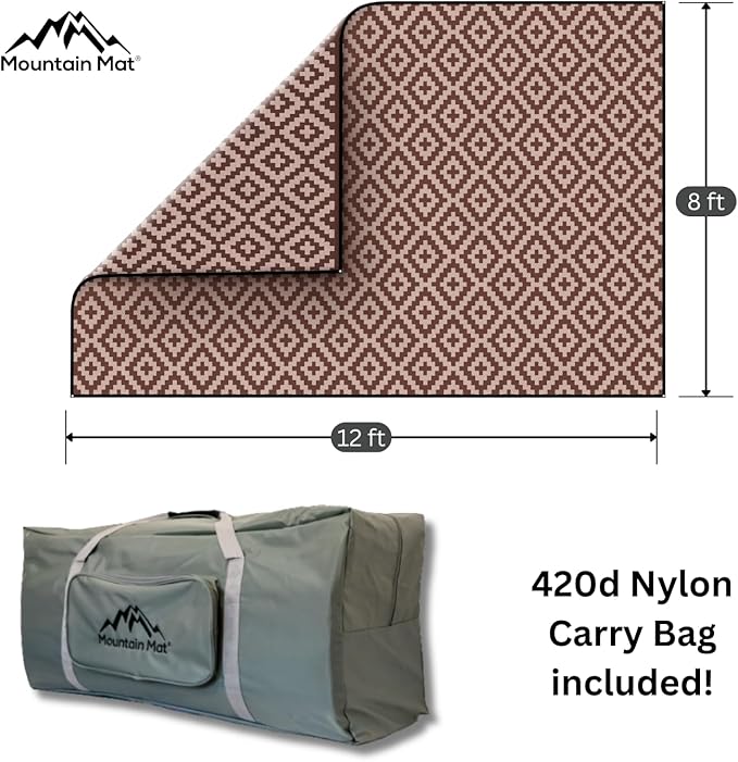 8x12 Brown & Tan Outdoor RV Mat with Carry Bag – Extra Thick 5mm Recycled Poly Rug – Waterproof, Reversible, Heavy-Duty – Premium Camping Mat for Patio, Deck (8' x 12', Brown Diamond)