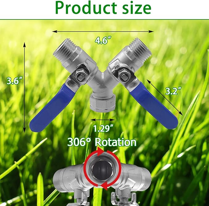 Garden Hose Splitter 2 Way 3/4" GHT Thread Heavy Duty 304 Stainless Steel Y Valve Water Hose Splitter With Long Handle
