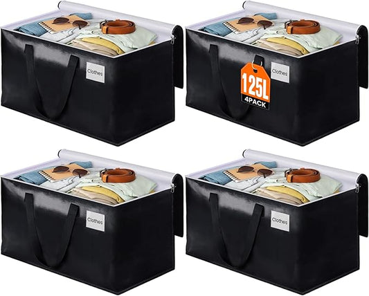 BlissTotes Moving Bags, Heavy Duty Moving Boxes with Zippers Top and Sturdy Handles, Storage Bags for Space Saving and Packing, Collapsible Moving Supplies, Storage Totes (125L, 4-Pack, Black)