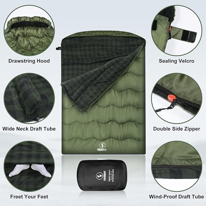 0 Degree Flannel Double Sleeping Bag for Adults, Couples or Family - Winter Queen Size Waterproof & Warm 2-Person Sleeping Bag for Cold Weather Camping, RV Travel