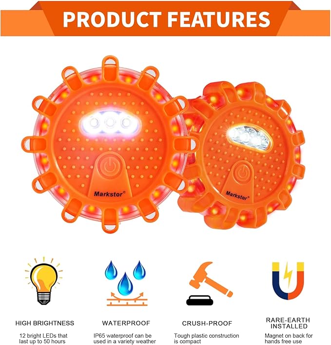 6-Pack LED Road Flare Car Emergency Kit,Magnetic Base & Hook Road Flares Safety Light With 9 Flashing Modes,Roadside Flares Emergency Lights For Vehicles (6 Pack Parts)