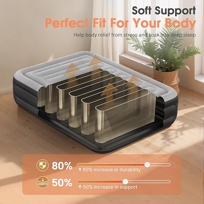 Air Mattress Queen with Built in Pump,20'' Inflatable Mattress 2 Mins Self-Inflation/Deflation,Thicker Blow up Mattress Leak-Proof,Flocked Top Air Bed with Storage Bag for Home, Camping & Guests
