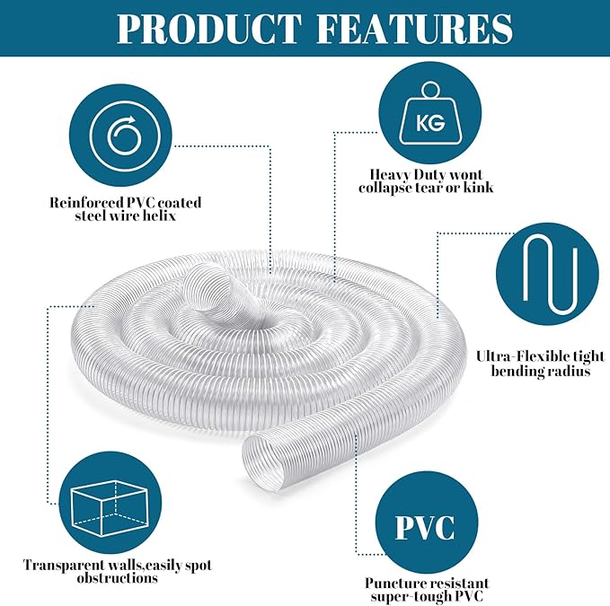 6 Inches 30 ft PVC Dust Collection Hose with Stainless Steel Clamps Set Flexible Clear Vacuum Puncture Resistant Fume Hose for Vacuums Cleaner Fume Dust Collection System (White)