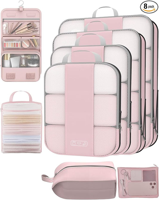 8 Set Compression Packing Cubes for Travel Essentials,Compressible Expandable Packing Cubes for Suitcase,OlarHike Luggage Organizer Bags for Travel,Handy Helper for Organizing Clothes(Pink)