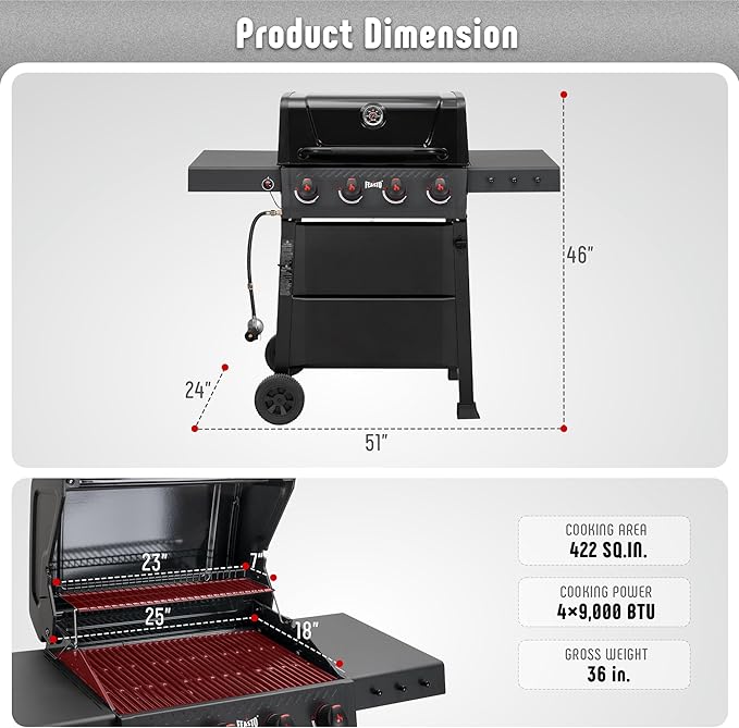 4-Burner Propane Gas Grill with 2 Side Tables, Outdoor BBQ Grill with Porcelain-Enameled Grates for Backyard, 36,000 BTU Powerful grills for Outdoor Cooking, Black