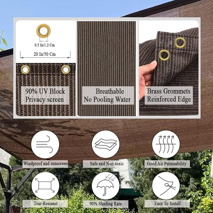 90% Sun Shade Cloth for Patio, 12x12 Ft Breathable Sunshade Fabric for Garden, UV Resisant & Privacy Protection Shade Screen for Pergola, Backyard, Deck, Pool, Balcony, Mocha