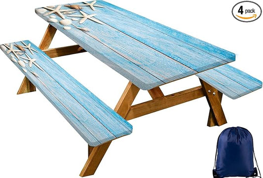 CAPSCEOLL Picnic Table Cover with Bench Covers 8Ft Waterproof Camping Tablecloth Sea Shells Outdoor Table Protector with Drawstring Bag for Camping Essentials, 96X30In, Summer Blue Wood