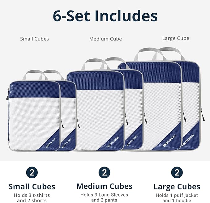 6 Set Compression Packing Cubes for Travel - Compressible, Lightweight, and Space-Saving Packing Cubes, Travel Essentials for Women, Navy