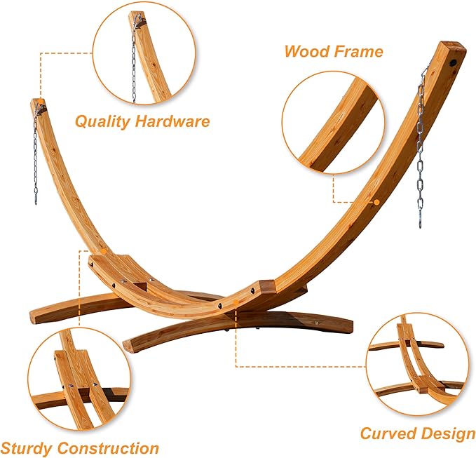 Lazy Daze Hammocks 12 FT Double Rope Hammock and 13 FT Natural Wooden Arc Stand, 2 Person Hand Woven Cotton Hammock with Spreader Bar for Outdoor Patio Poolside, 450 lb Capacity, Natural