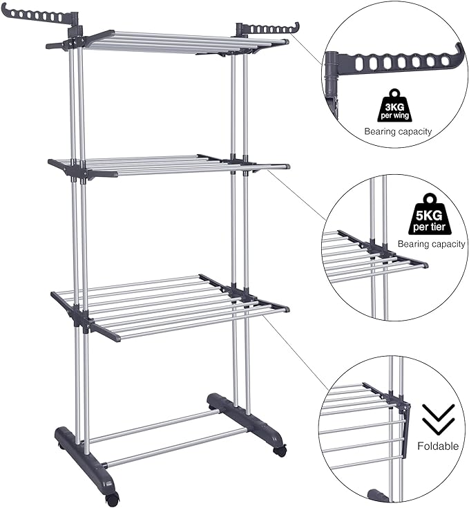 Bigzzia Clothes Drying Rack Folding Drying Rack Clothing 4 Tier Clothes Horses Rack Stainless Steel Laundry Drying Rack with Two Side Wings Grey