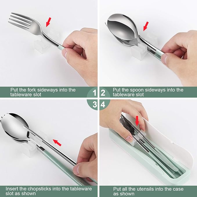 DEVICO Travel Utensils, 18/8 Stainless Steel 4pcs Cutlery Set Portable Camp Reusable Flatware Silverware, Include Fork Spoon Chopsticks with Case (Green)