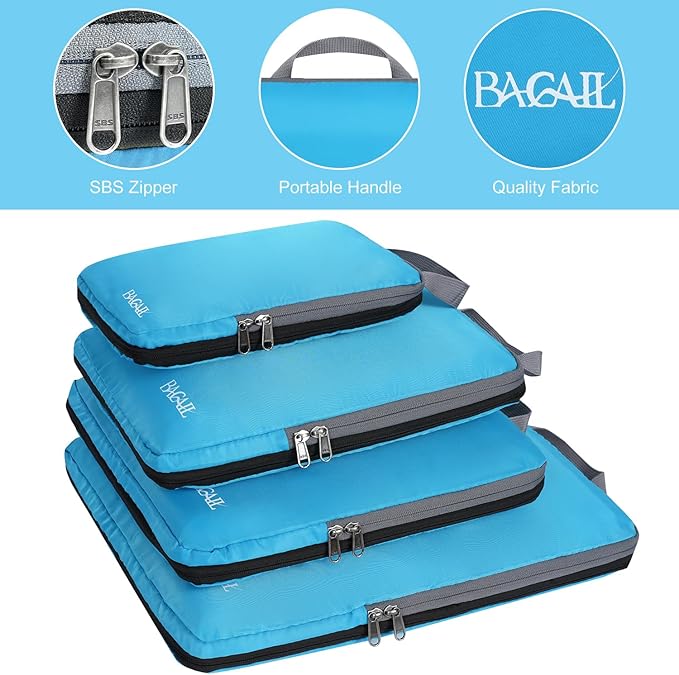 BAGAIL 4 Set/6 Set/8 Set Compression Packing Cubes Travel Accessories Expandable Packing Organizers (Cloth Pattern, 4-Blue)