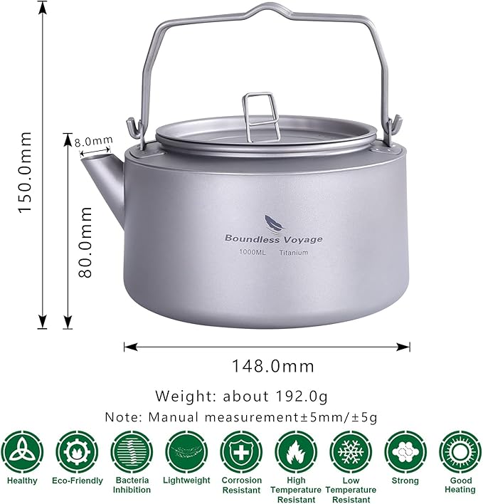 Boundless Voyage Titanium Kettle with Folding Handle & Filter Ultralight Teapot Outdoor Camping Coffee Pot for Boiling Water Coffee Tea