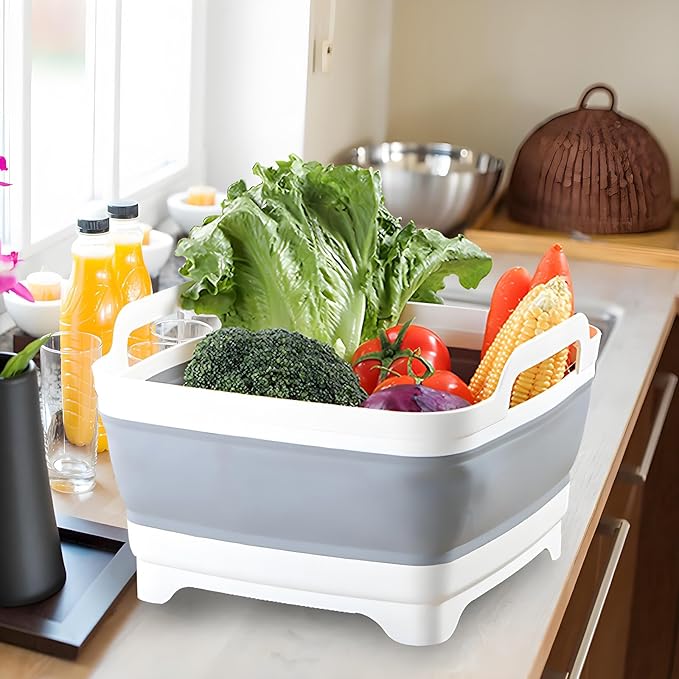 Collapsible Dish Basin with Drain Plug, 9L 2.4 Gallon Portable Wash Basin Dishpan Space Saving Dish Washing Tub Foldable Sink Tub Kitchen Storage Tray Grey