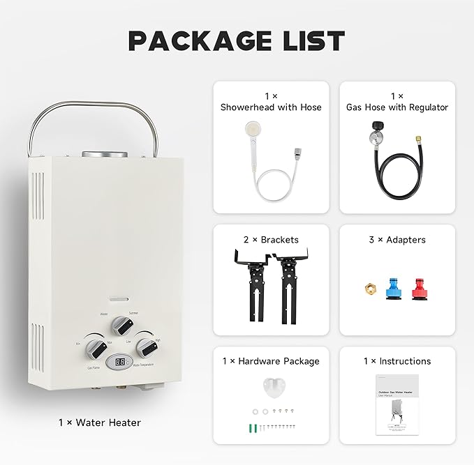 DARTMOOR LPG Portable Water Heater, Outdoor Tankless Propane Water Heater with Adjustable Flow & Showerhead, 1.6gpm Camping LPG Heater for Hot Water, Battery Powered Propane Shower Heater for Outdoor