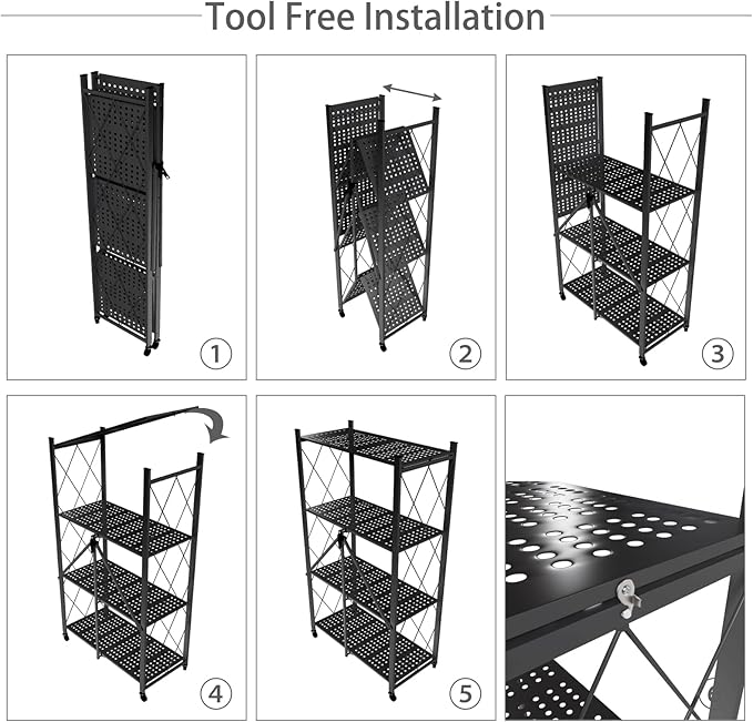 4 Tier Foldable Storage Shelf with Wheels, Heavy Duty Folding Shelf Loads 600 LBS, Metal Steel Collapsible Shelves, Rolling Standing Utility Rack for Kitchen, Pantry, Office, Black