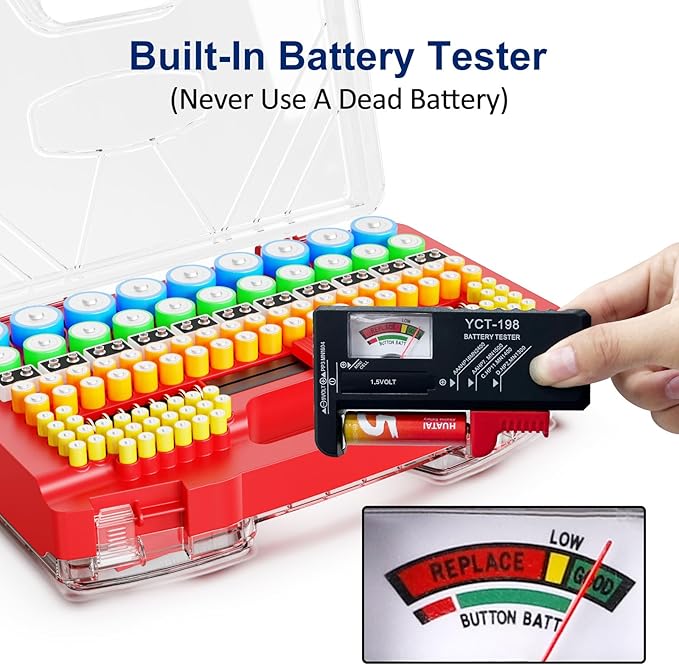 Battery Organizer Storage Case, Battery Storage Holder Organizer Box with Tester - 285 Batteries Double-Sided Variety Pack, Holds AA AAA 4A C D Cell 9V 3V Lithium LR44 CR2 CR123 CR1632 18650 Button