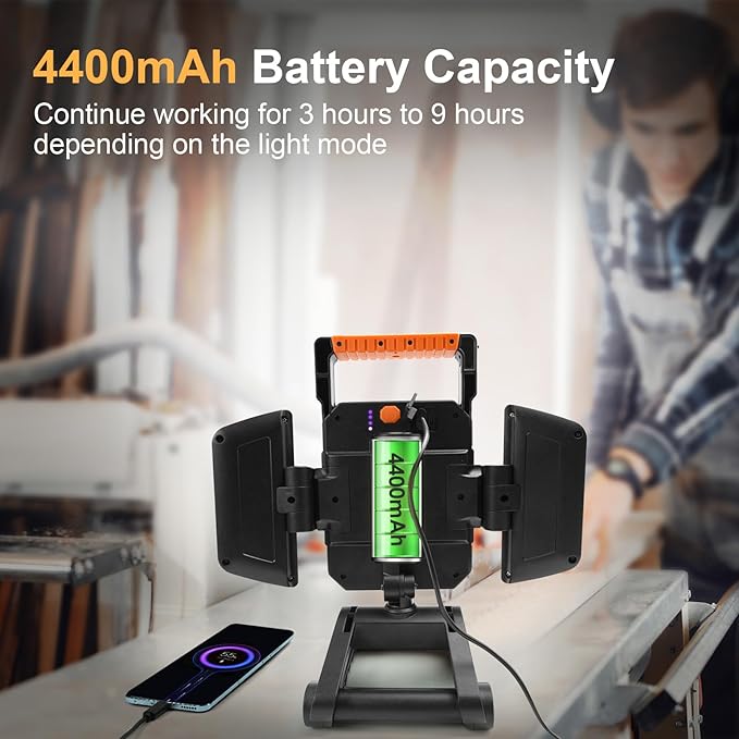 4000LM LED Work Light Rechargeable with Clamp, 40W Magnetic Work Light Battery Powered with 5 Light Modes, 350° Rotation, Portable Job Site Lighting for Construction Site,Workshop,Car Repairing