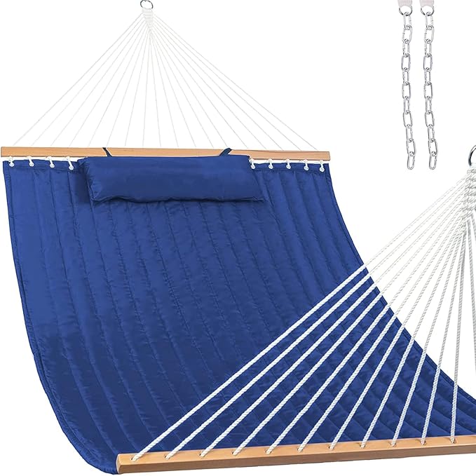 Lazy Daze Hammocks 12 FT Double Quilted Fabric Hammock with Spreader Bars and Detachable Pillow, 450 LBS Weight Capacity, Navy Blue