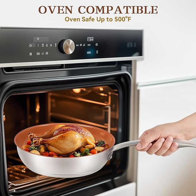 Ceramic Frying Pan, 9.5 Inch Nonstick Pan without PFAS, PTFE, or PFOA, Stainless Steel Base Ceramic Skillet for All Cooktops, Oven & Dishwasher Compatible