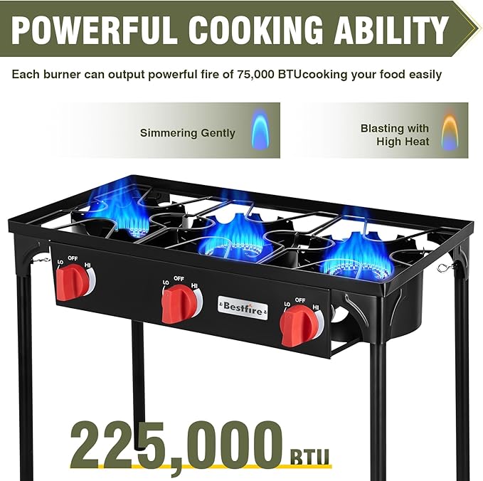 Bestfire 3 Burners Camping Stove for Cooking Outdoor, 225,000 BTU Propane Burners with Auto Ignition Button&Removable Legs, Temperature Control Knobs and 20 PSIG High Pressure Regulator for BBQ