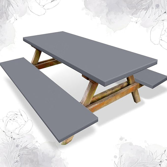 3 Pcs Picnic Table and Bench Fitted Tablecloth Cover for 6 Ft Table 30 x 72 Inch Vinyl Fitted Elastic Edges Waterproof Wipeable Tablecloth for Indoor Outdoor Travel Picnics Patio Camping (Grey)
