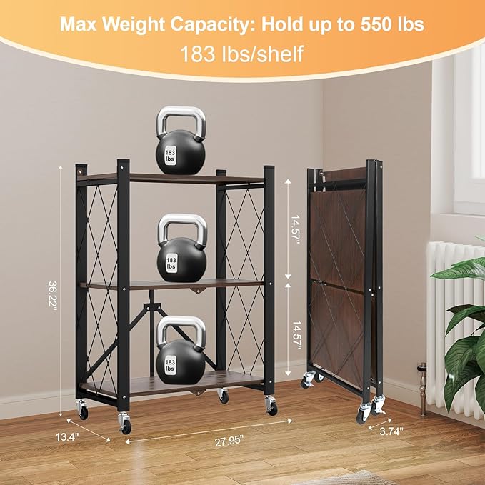 3 Tier Vintage Multifunctional Folding Shelf with Wheels, Portable Heavy Duty Storage Shelving, No-Assembly Folding Bookshelf, Metal Collapsible Rack Unit for Kitchen, Office, Bedroom, Rustic Brown