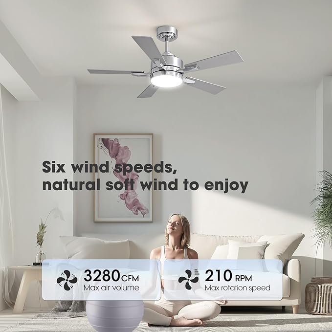 Ceiling Fan with Light, 42" Modern Low Profile Ceiling Fan with Light, DC Reversible Motor, Smart APP & Remote Control, Whisper Quiet, Dimmable LED for Bedroom/Living Room