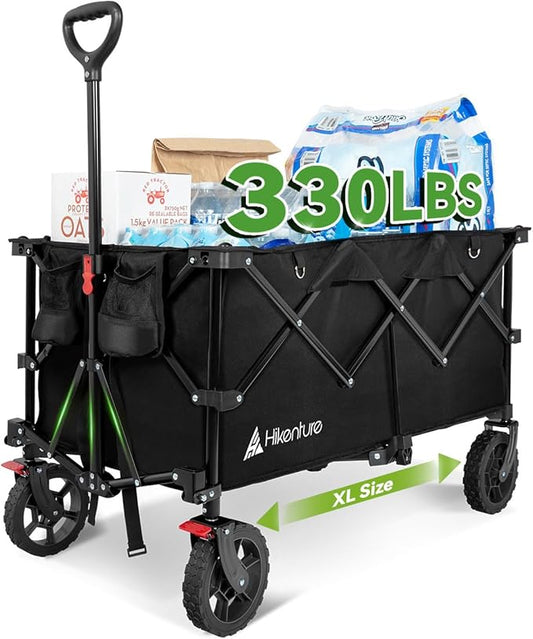 Hikenture 330lbs Collapsible Wagon Cart, Ultra-Large Wagons Carts Foldable Heavy Duty, Utility All Terrain Folding Wagon with Wheels for Groceries, Garden, Sports, Beach, Shopping, Black