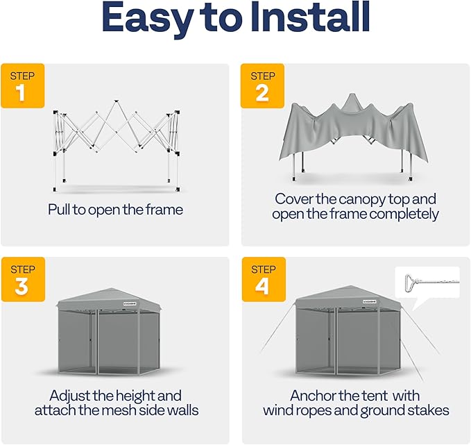 VIVOHOME 10x10ft Easy Pop-Up Canopy, Outdoor Screen Tent with Mosquito Netting, 2 Zipper Doors, and Roller Bag for Yard Camping Picnic Party Events, Grey