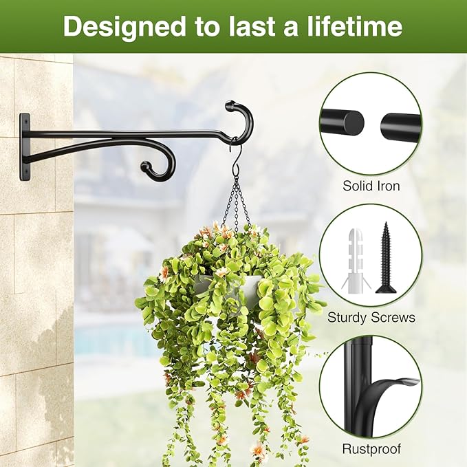 15" Plant Hooks for Hanging Baskets - Heavy Duty Metal Plant Hangers for Indoor & Outdoor Use, Wall Mount Brackets for Hanging Plants, Planters, Bird Feeders, Wind Chimes, Bird Houses - Black, 2 Pack