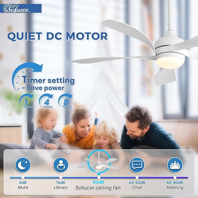 Sofucor 52 Inch Ceiling Fans with Lights and Remote, Outdoor Ceiling Fan with Light 6-Speed 3 CCT 3-Timer, White Low Profile Ceiling Fan 5 Blade Reversible DC Motor for Living Room Bedroom Patio