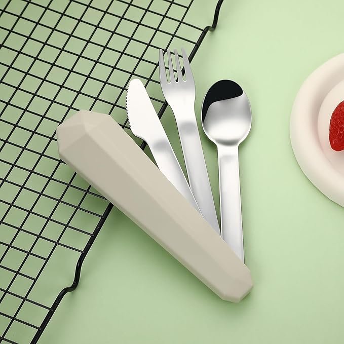 DEVICO Travel Utensils with Case, Reusable Camping Silverware Cutlery, 18/8 Stainless Steel Portable Fork Spoon Knife Set for Lunch Picnic School Workplace (Khaki)