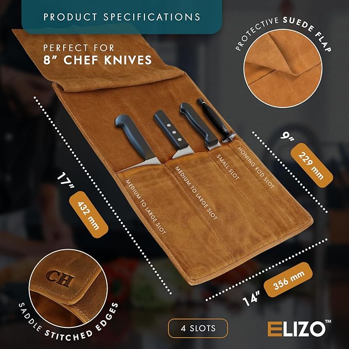 ELIZO Personalized Premium Full Grain Leather Chef Knife Roll, 17L x 14W inches Knife Storage Travel Case, Professional Customizable Chef Knife Case - Holds 4 Chef Knives