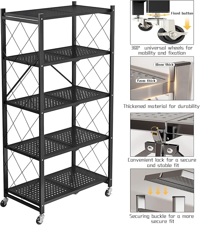 4-Tire Storage Rack, 28 * 13 * 50in Foldable Metal Garage Storage Shelves Organizer, Portable Metal Kitchen Shelving, Closet Shelving Unit Bakers Rack Microwave Stand, White(Tiered Shelf-4)